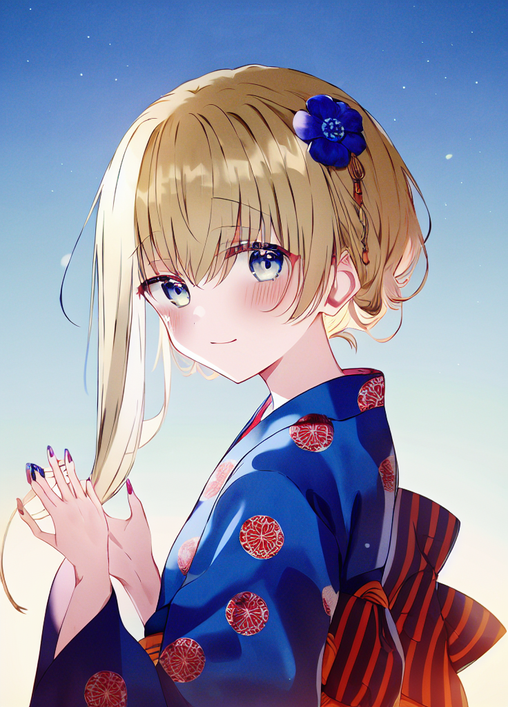 01792-1732462025-1girl, solo, japanese clothes, kimono, wind chime, hair ornament, blue flower, sash, smile, looking at viewer, hair flower, obi,.png